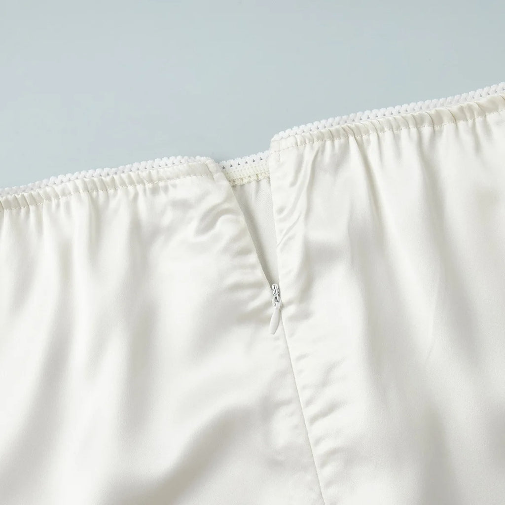 Lace Trim Satin Midi Pencil Skirt - White - 3