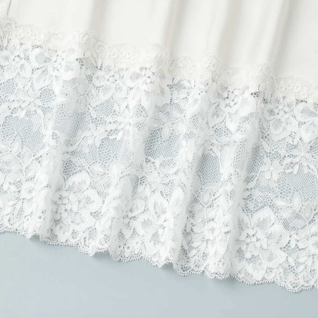 Lace Trim Satin Midi Pencil Skirt - White - 4