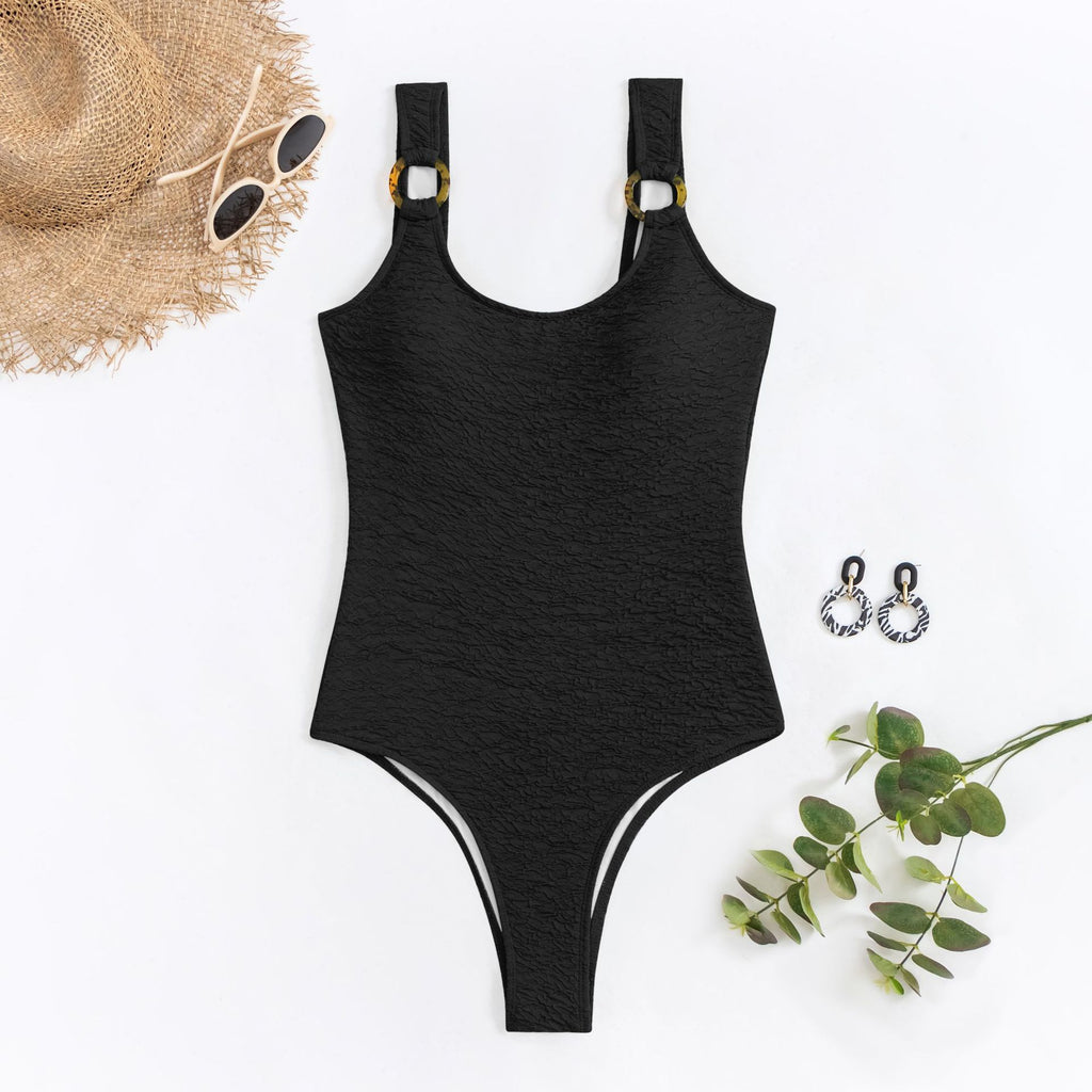 Textured Ring Strap High Leg One Piece Swimsuit - Black - 3