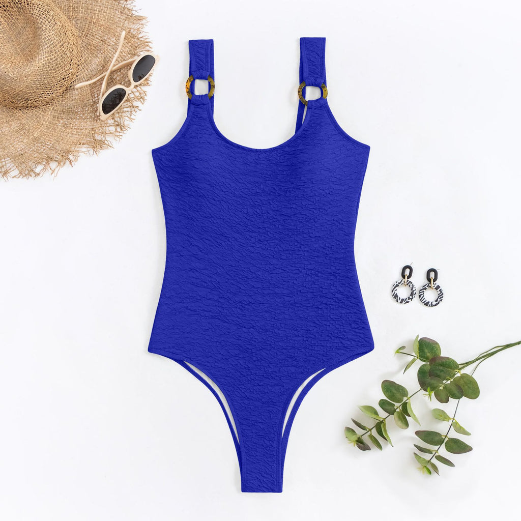 Textured Ring Strap High Leg One Piece Swimsuit - Blue - 3