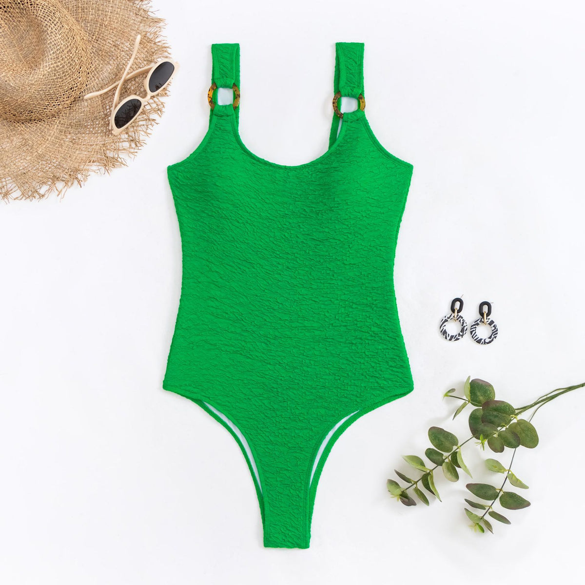 Textured Ring Strap High Leg One Piece Swimsuit - Green - 3