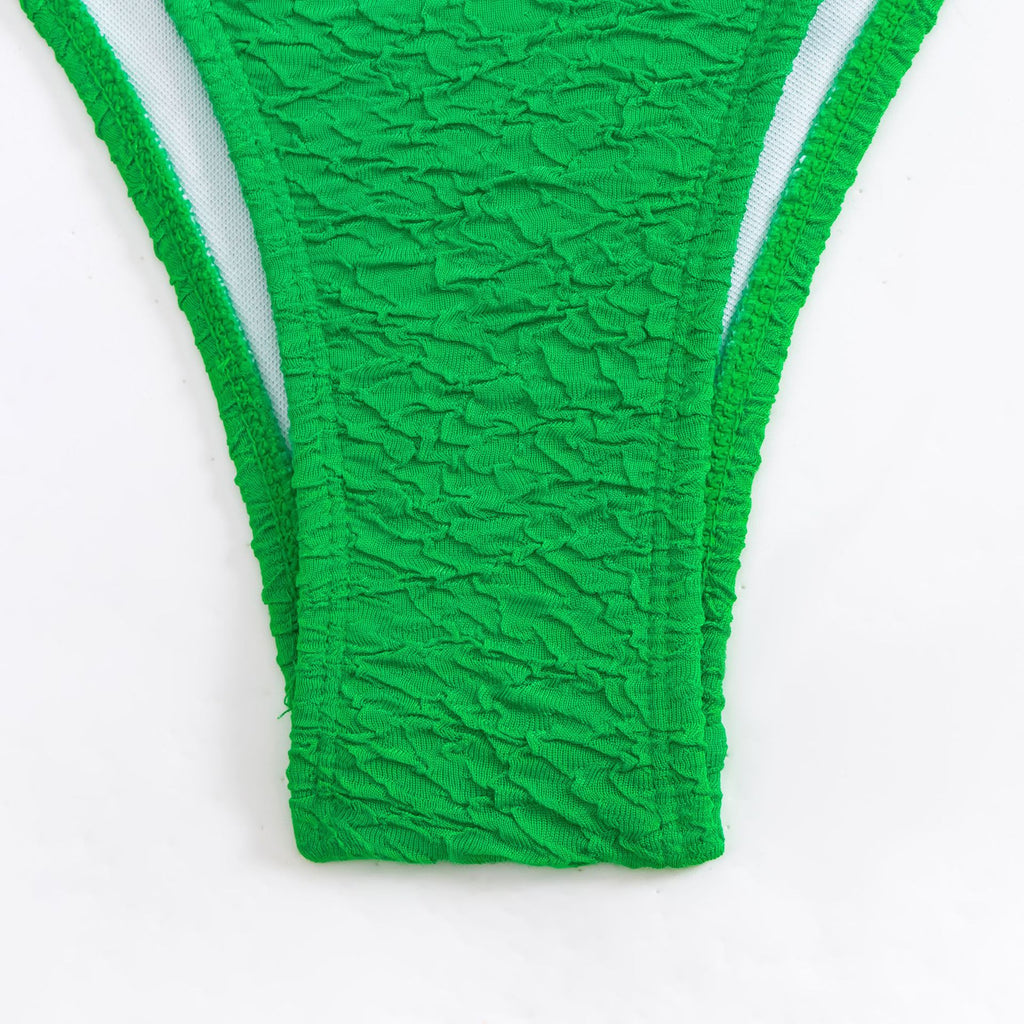 Textured Ring Strap High Leg One Piece Swimsuit - Green - 4