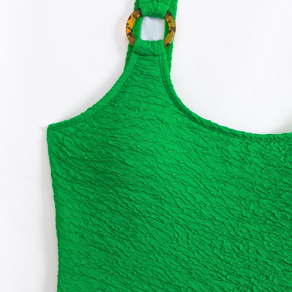 Textured Ring Strap High Leg One Piece Swimsuit - Green - 5