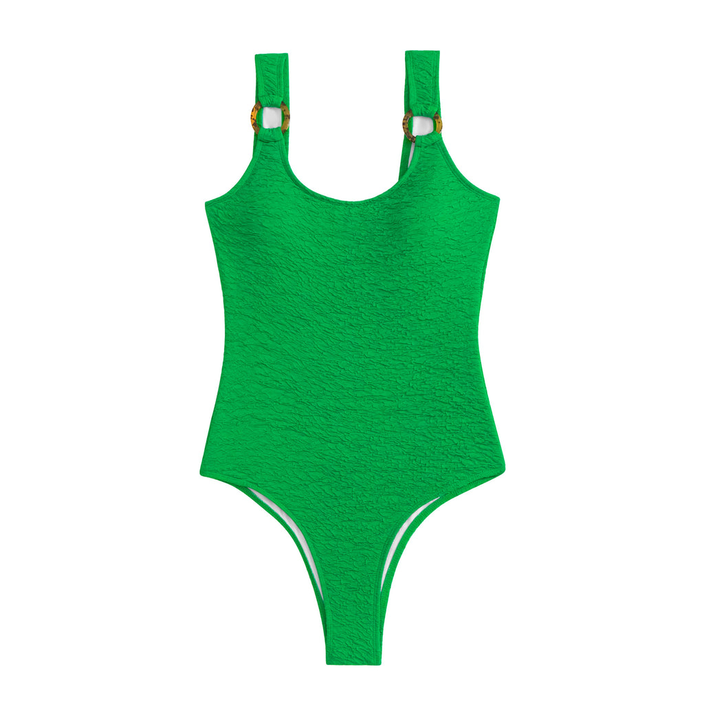 Textured Ring Strap High Leg One Piece Swimsuit - Green - 6