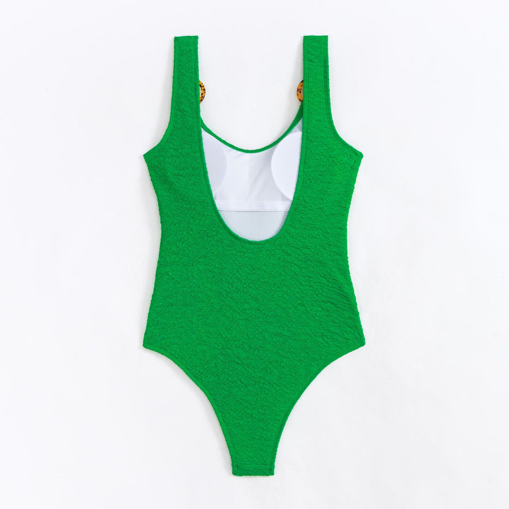 Textured Ring Strap High Leg One Piece Swimsuit - Green - 7