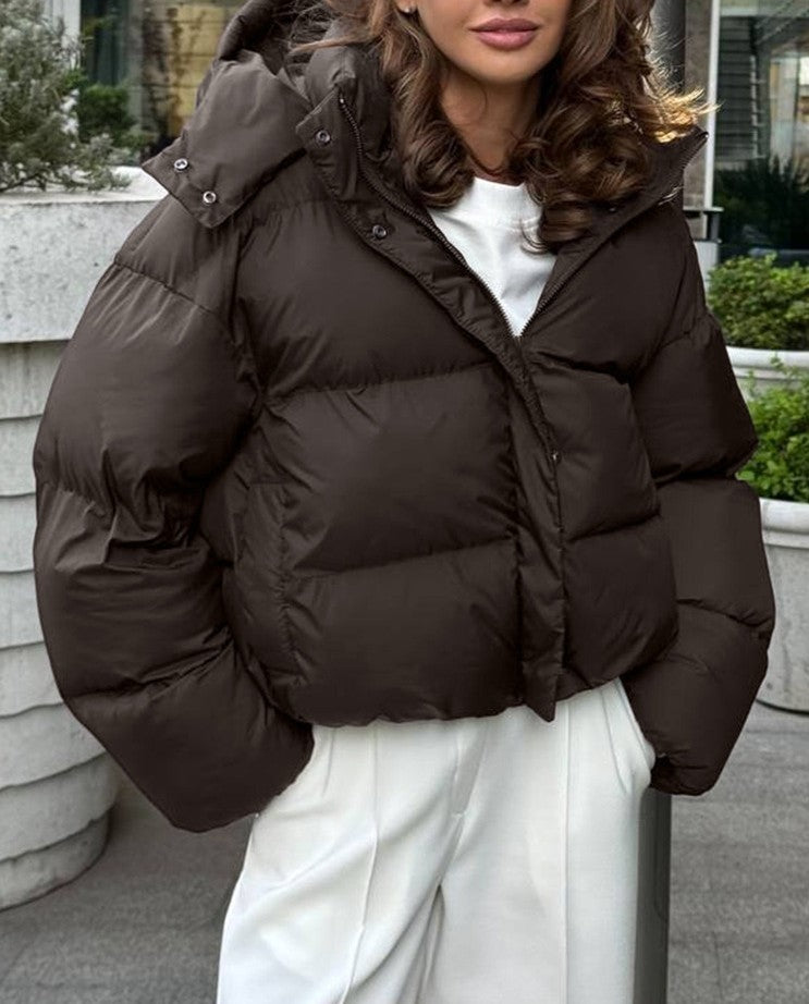 Cropped Hooded Oversized Puffer Jacket - Curry