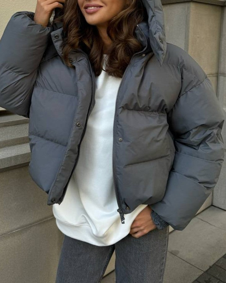 Cropped Hooded Oversized Puffer Jacket - Grey