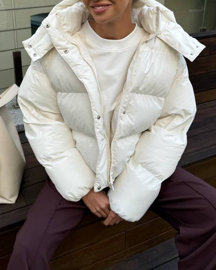 Cropped Hooded Oversized Puffer Jacket - White - 3