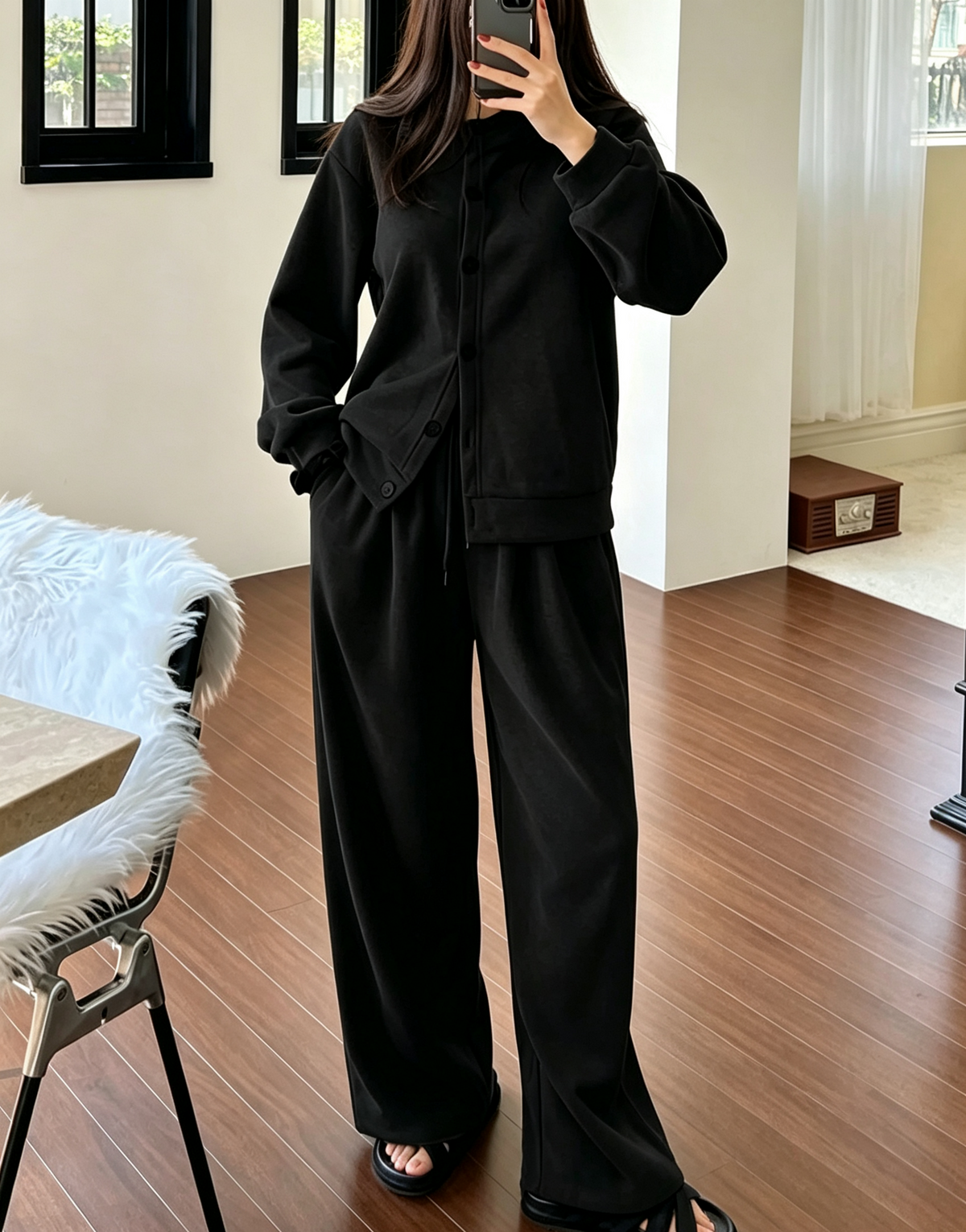 Brushed Knit Button Up Two Piece Set - Black