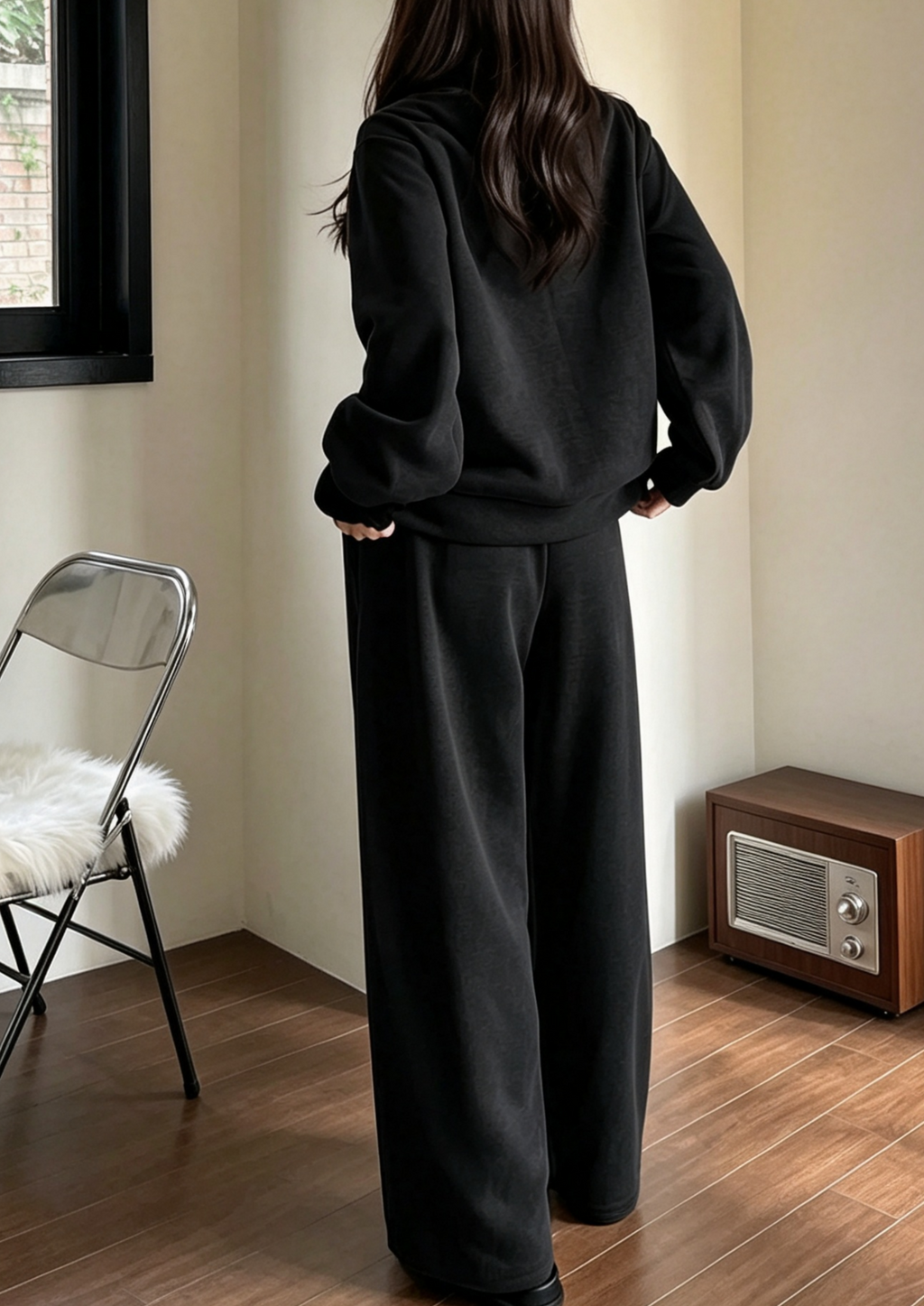 Brushed Knit Button Up Two Piece Set - Black - 1