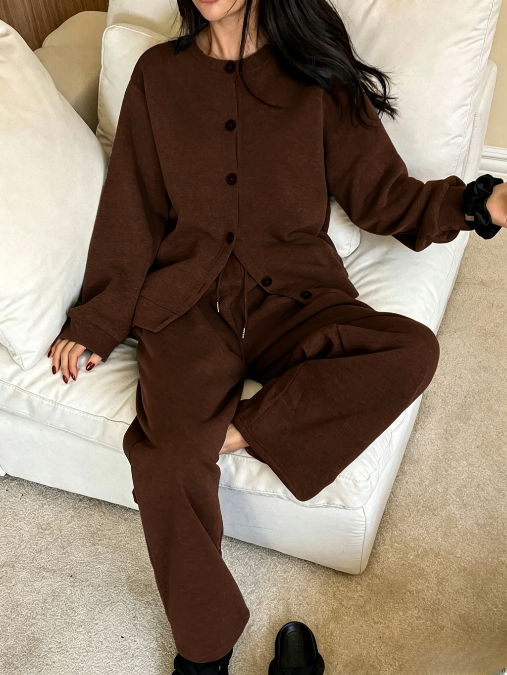 Brushed Knit Button Up Two Piece Set - Coffee