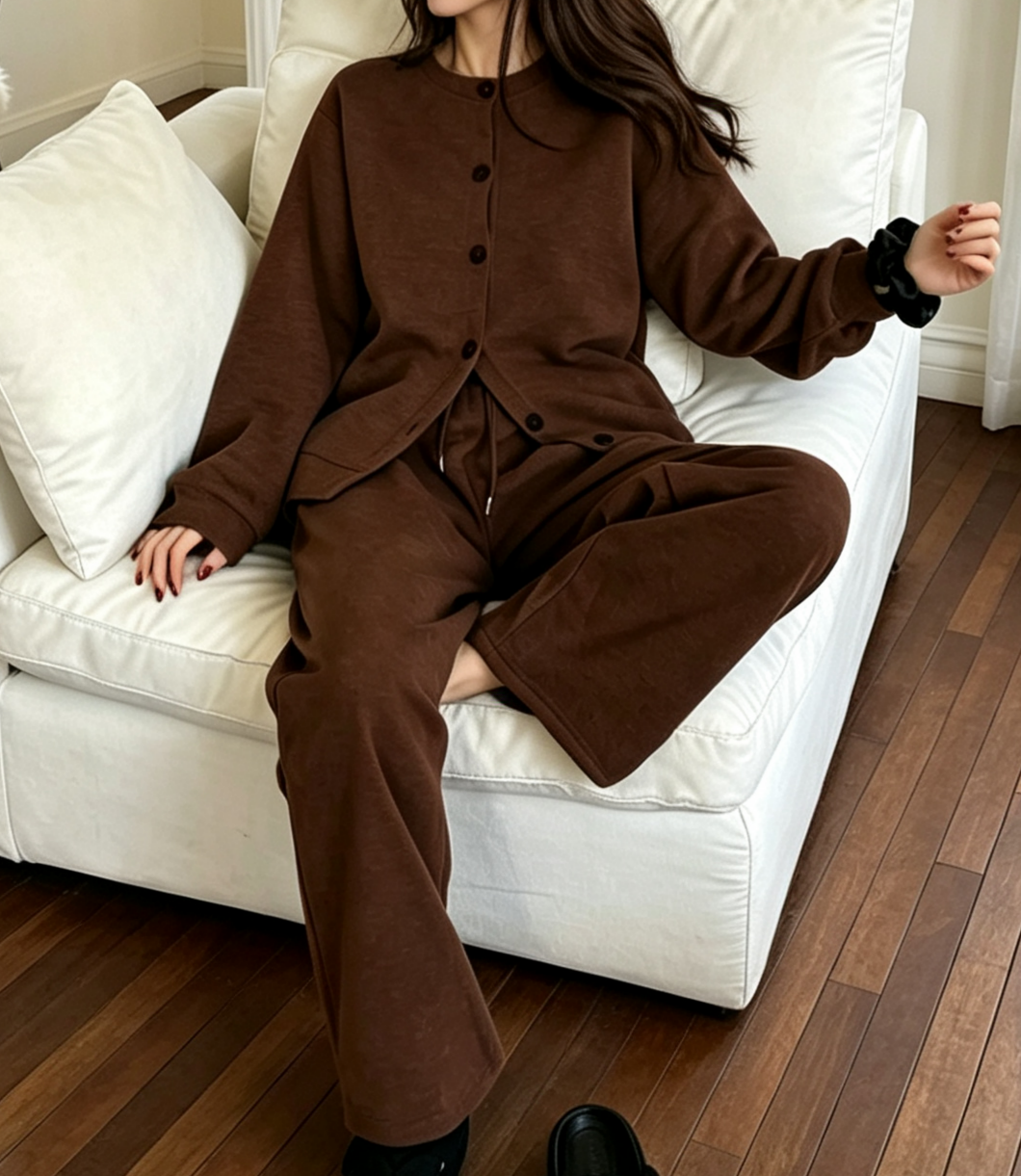 Brushed Knit Button Up Two Piece Set - Coffee - 1