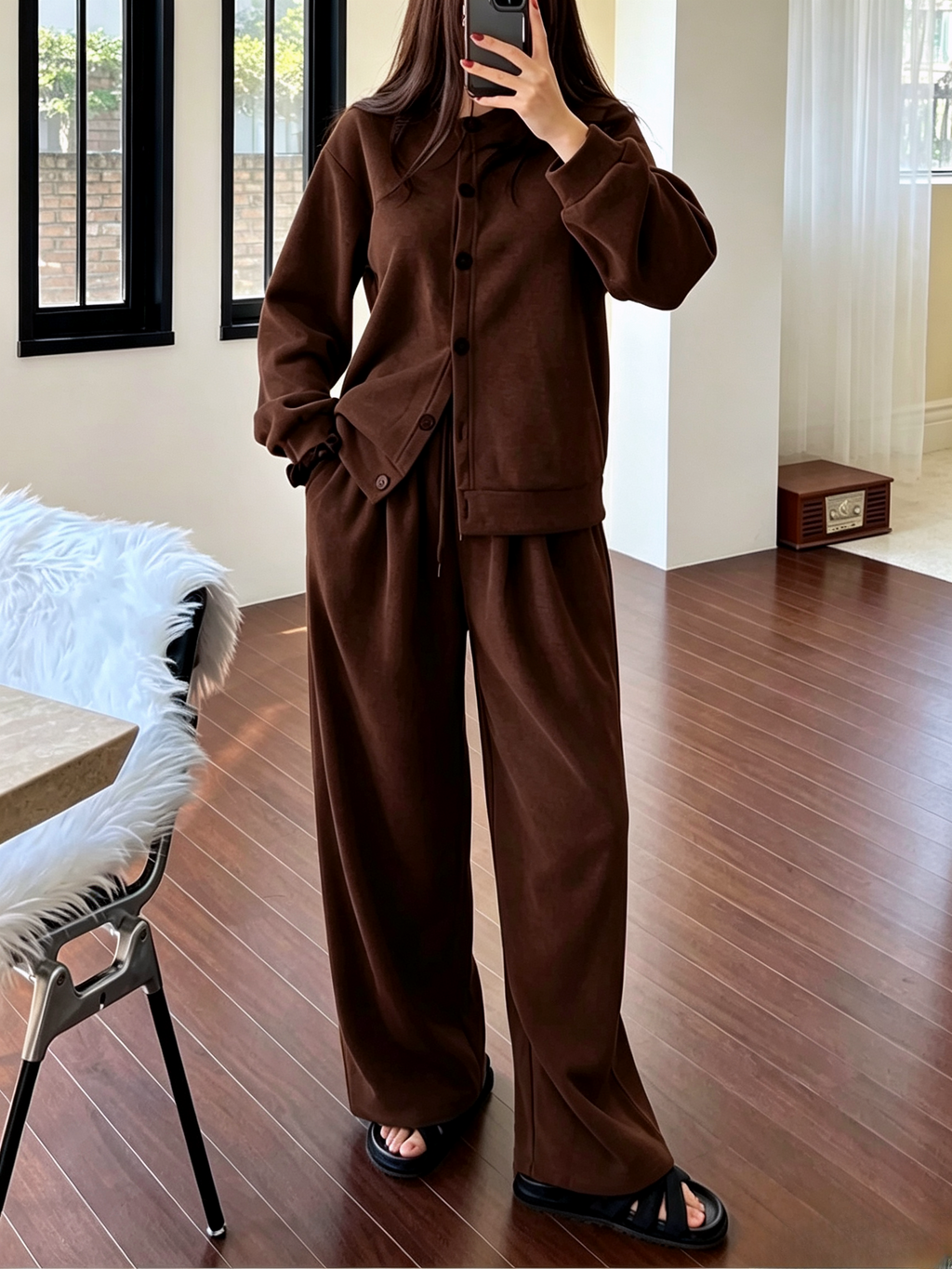 Brushed Knit Button Up Two Piece Set - Coffee - 3