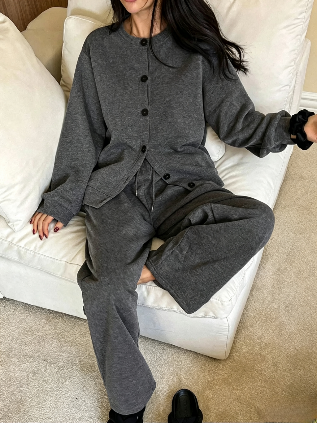 Brushed Knit Button Up Two Piece Set - DarkGray