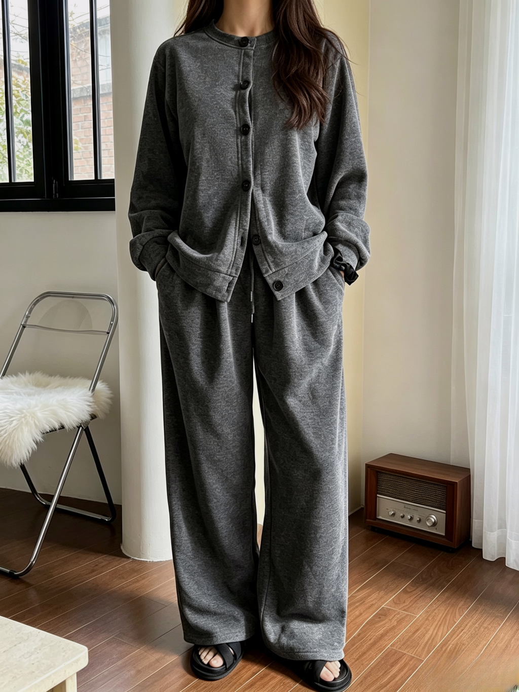 Brushed Knit Button Up Two Piece Set - DarkGray - 2