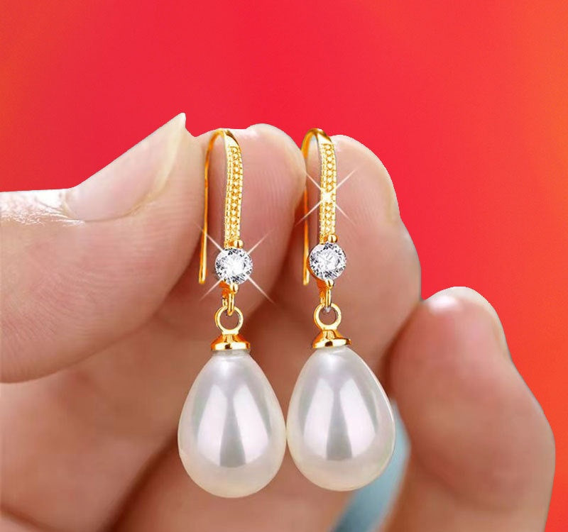 Crystal Accent Teardrop Pearl Hook Earrings - NO08