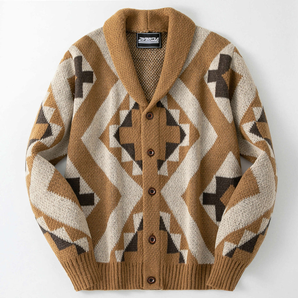 Oversized Southwestern Geometric Shawl Neck Cardigan - Khaki