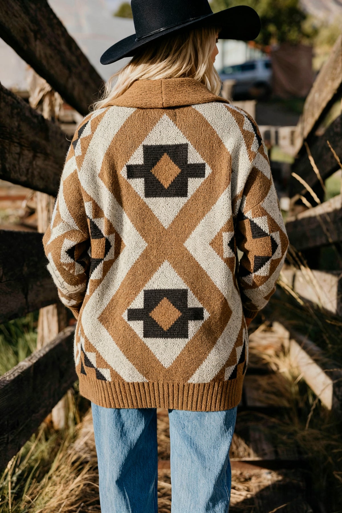 Oversized Southwestern Geometric Shawl Neck Cardigan - Khaki - 2