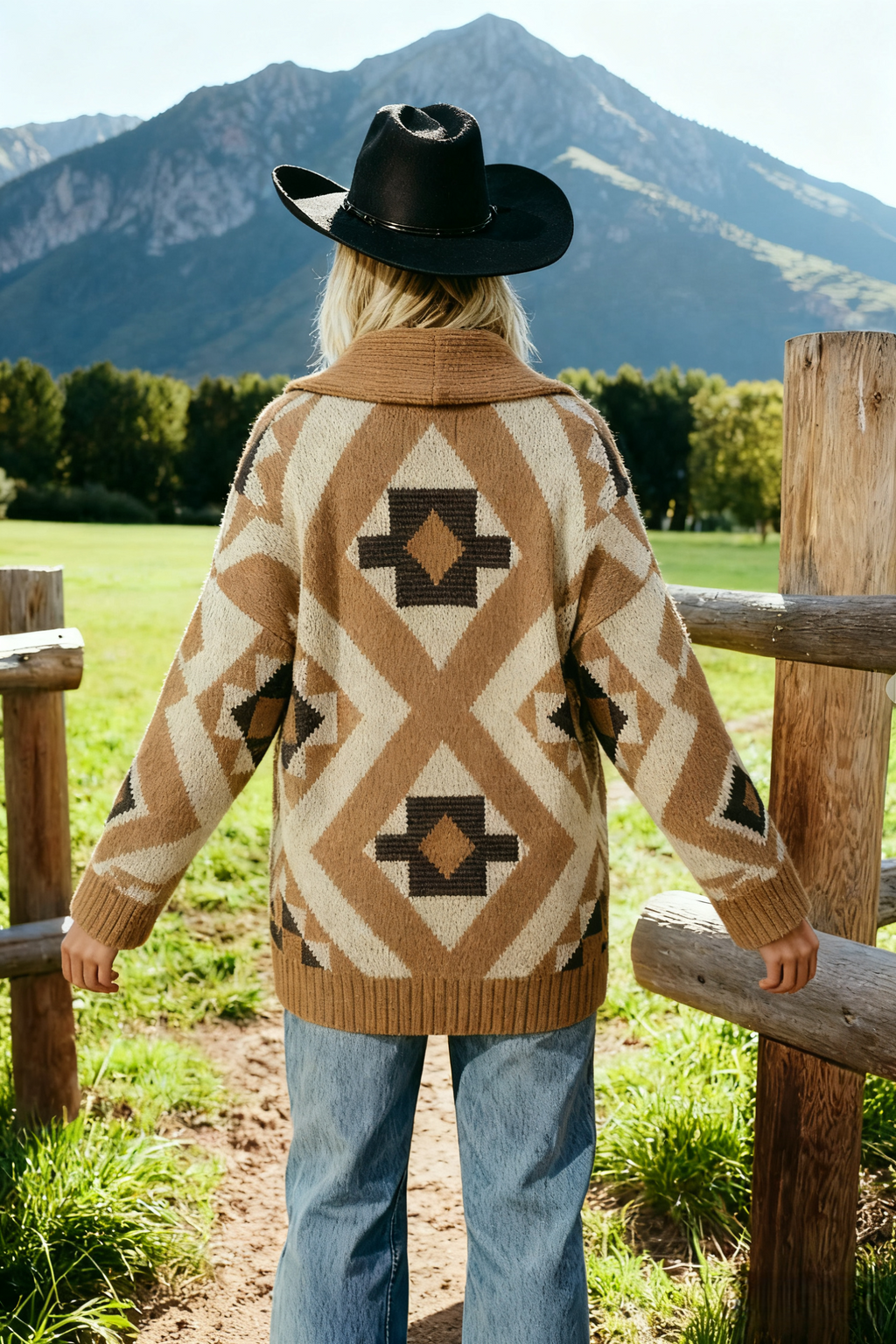 Oversized Southwestern Geometric Shawl Neck Cardigan - Khaki - 3
