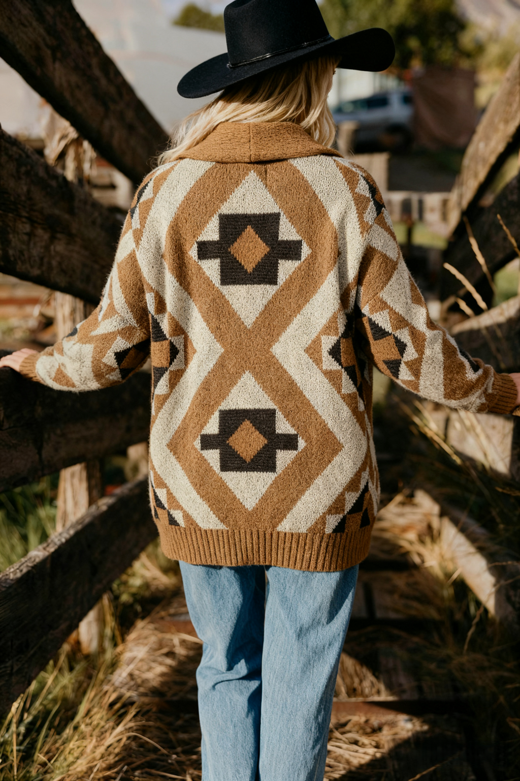 Oversized Southwestern Geometric Shawl Neck Cardigan - Khaki - 5
