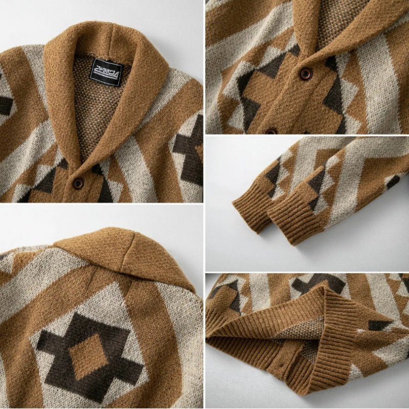 Oversized Southwestern Geometric Shawl Neck Cardigan - Khaki - 6