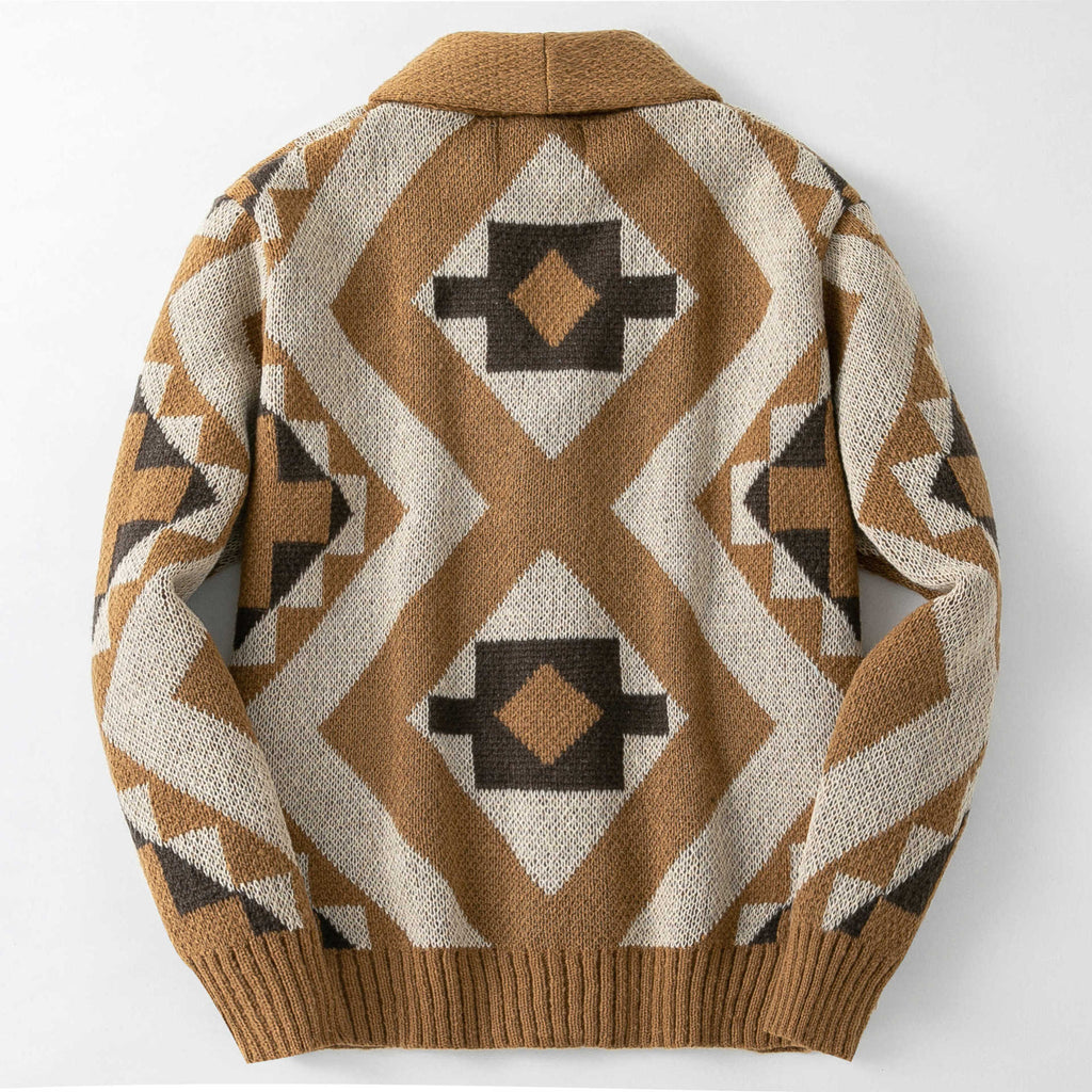 Oversized Southwestern Geometric Shawl Neck Cardigan - Khaki - 7
