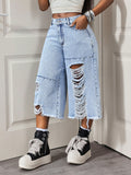 Distressed Wide Leg Denim Bermuda Shorts - Blue