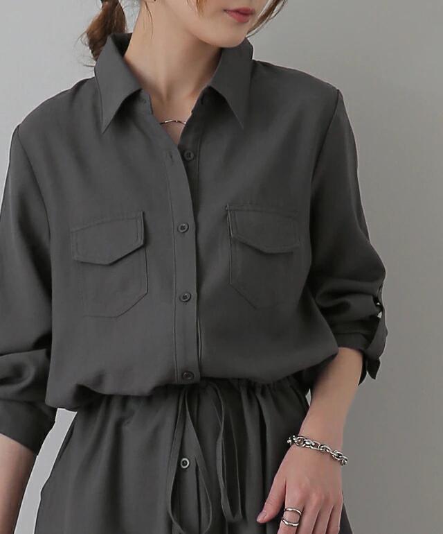 Drawstring Waist Long Sleeve Maxi Shirt Dress - Dark grey