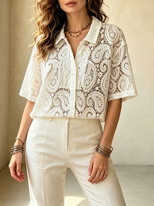 Paisley Crochet Lace Button Down Shirt - White - 4