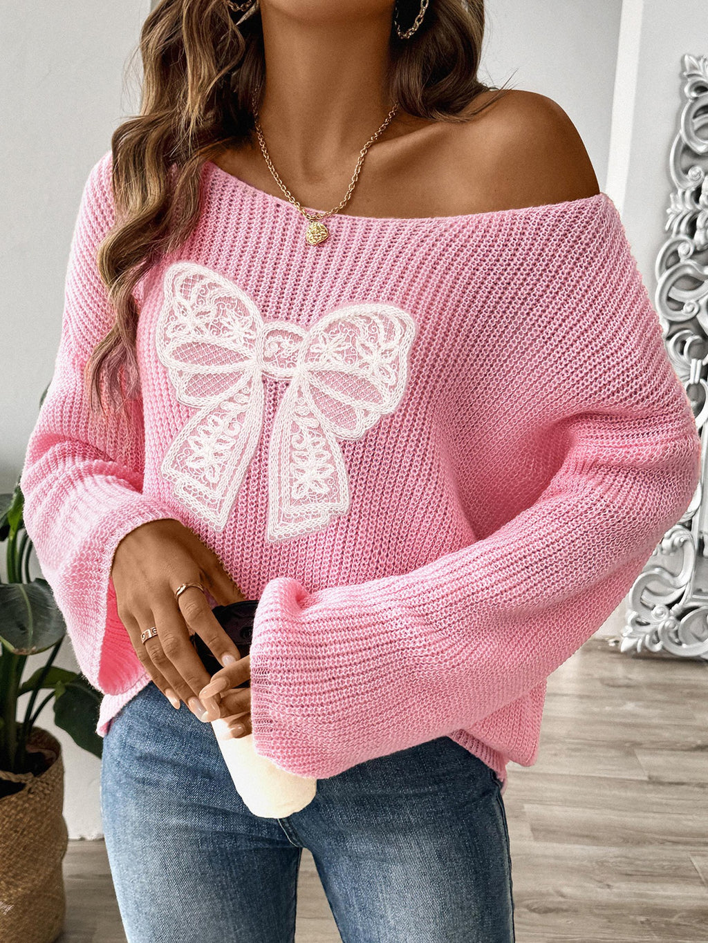 Lace Bow Applique Boat Neck Sweater - view 2