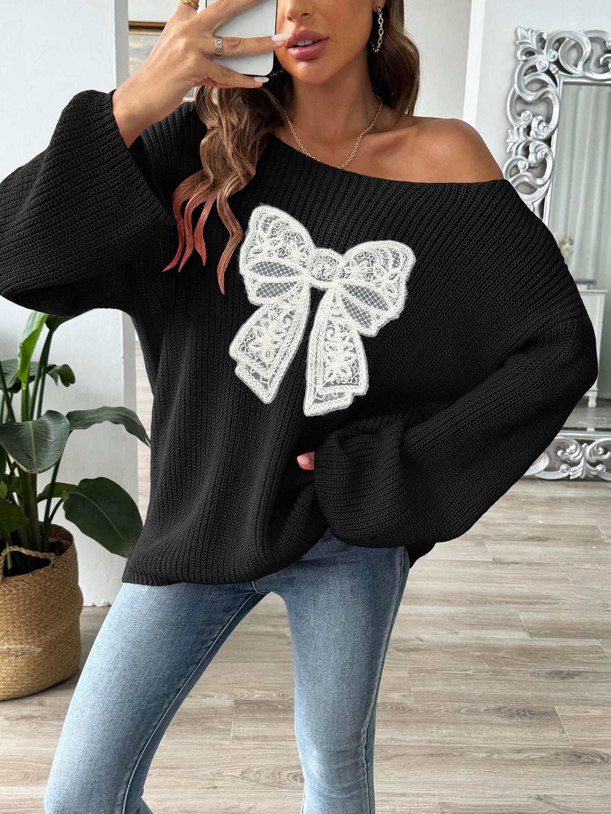 Lace Bow Applique Boat Neck Sweater - view 4