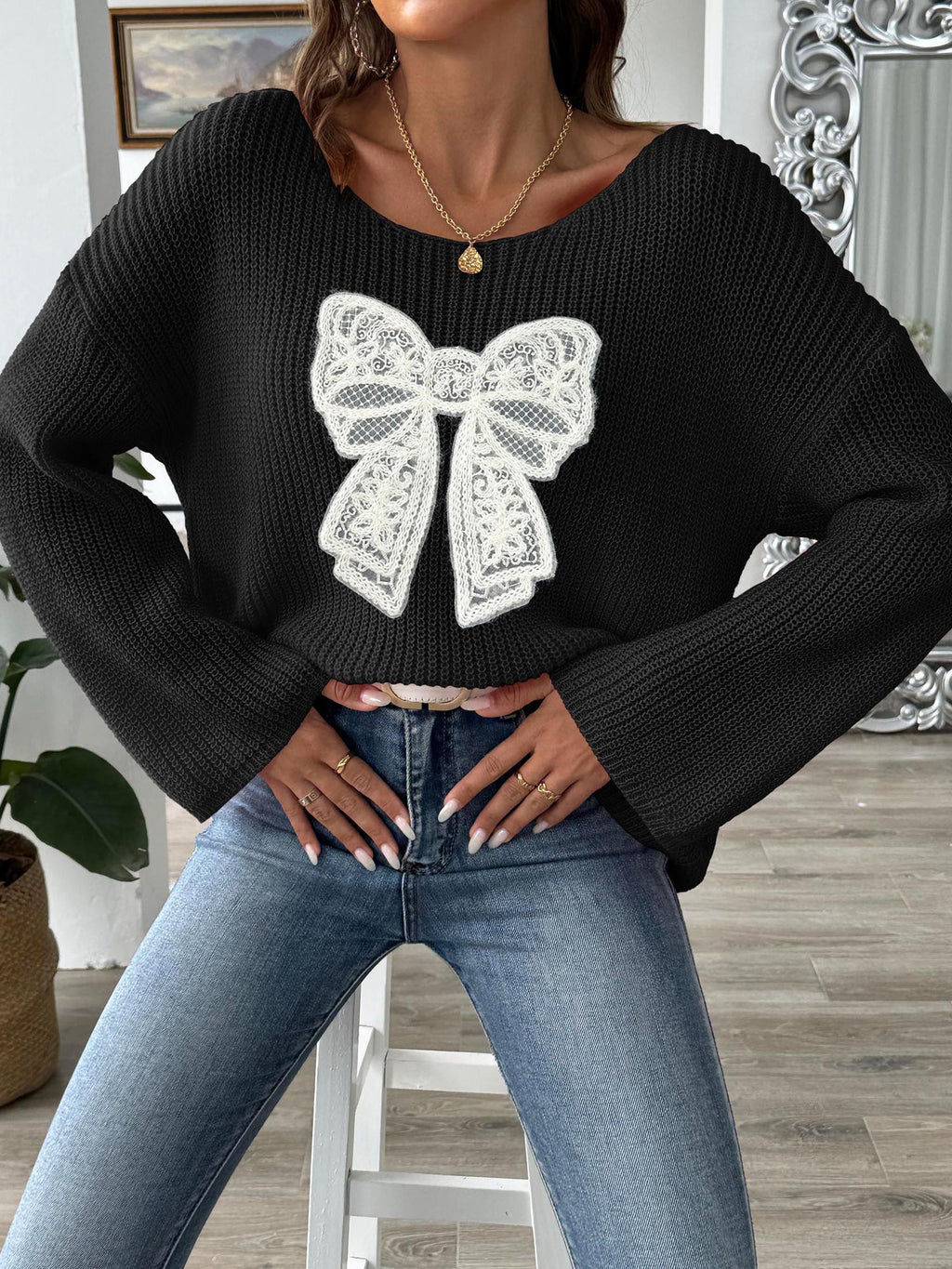 Lace Bow Applique Boat Neck Sweater - view 5