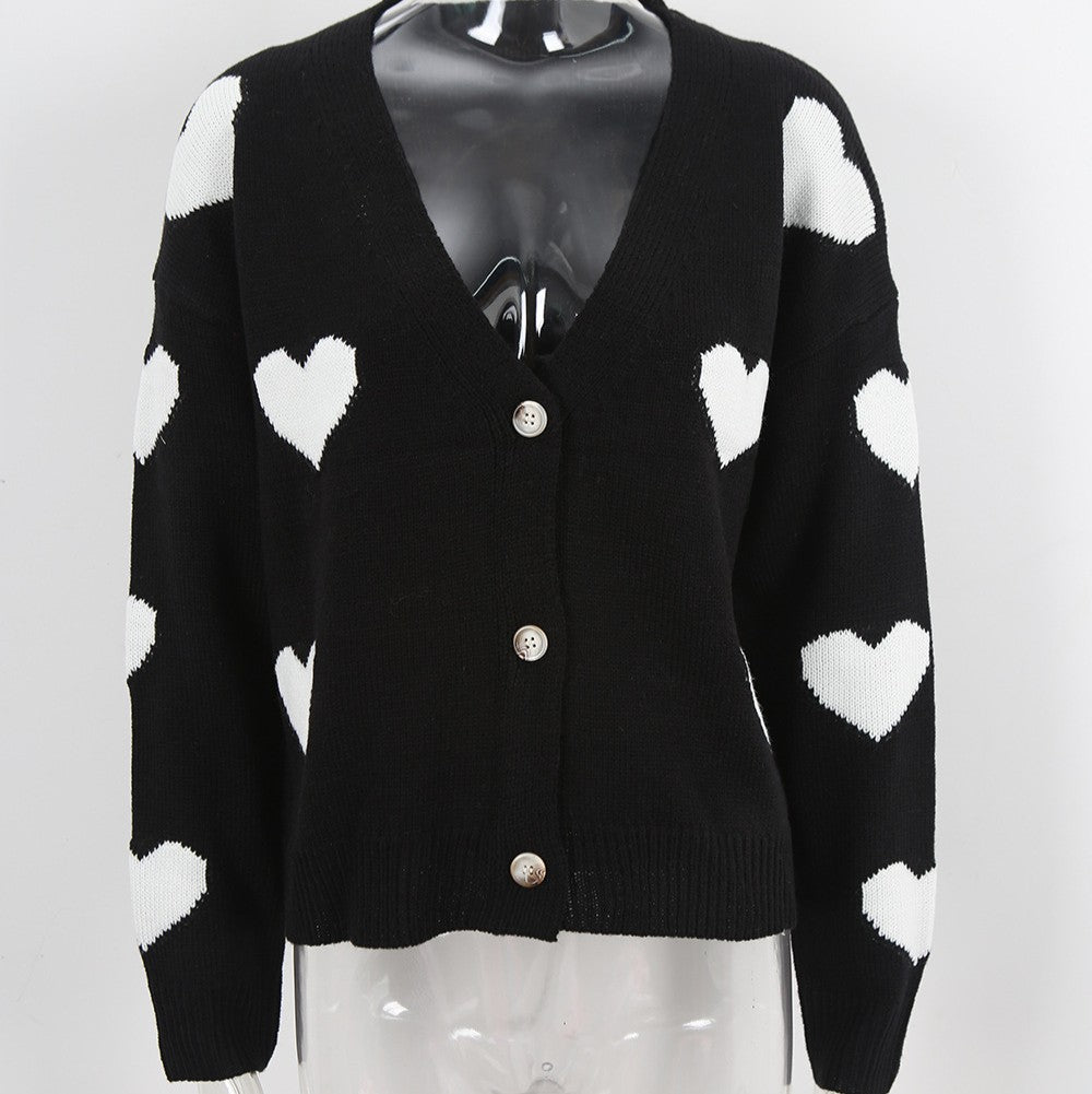 Heart Intarsia V-Neck Button Cardigan - Black