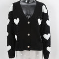 Heart Intarsia V-Neck Button Cardigan - Black