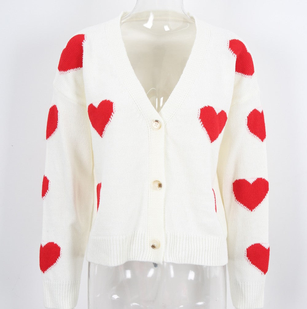 Heart Intarsia V-Neck Button Cardigan - White - 1