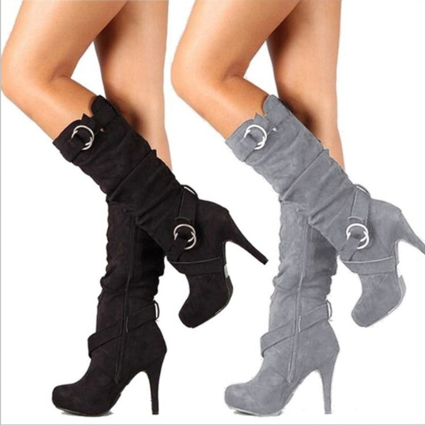 Slouchy Faux Suede Buckle Stiletto Knee Boots