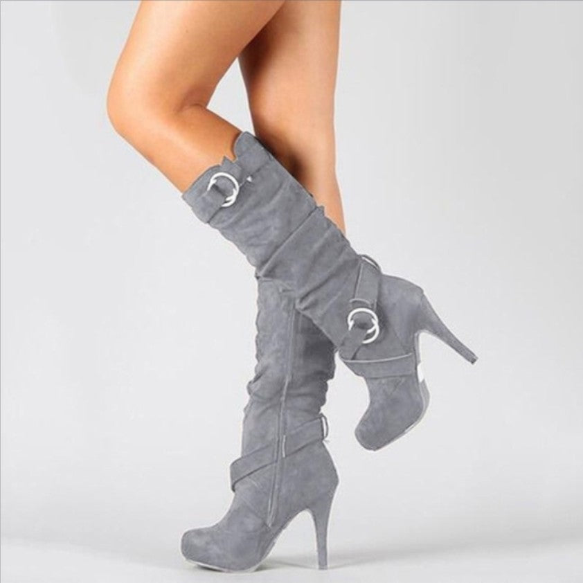 Slouchy Faux Suede Buckle Stiletto Knee Boots