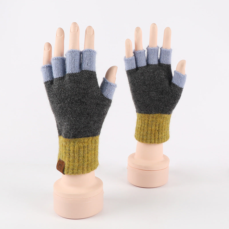 Two Tone Knit Half Finger Gloves - Blue_1
