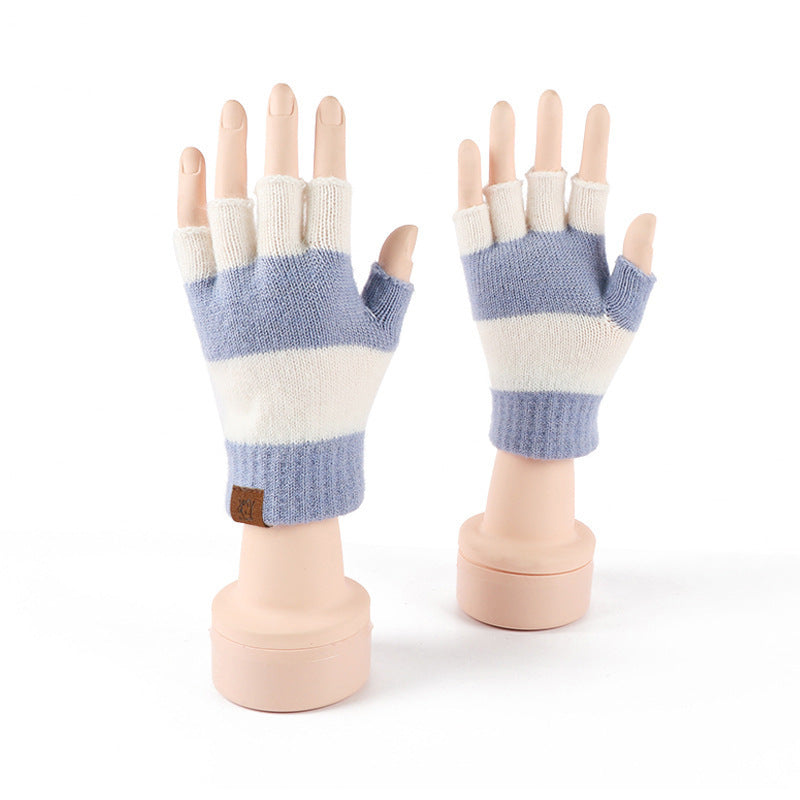 Two Tone Knit Half Finger Gloves - Blue_2