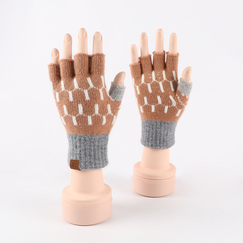 Two Tone Knit Half Finger Gloves - Coffee