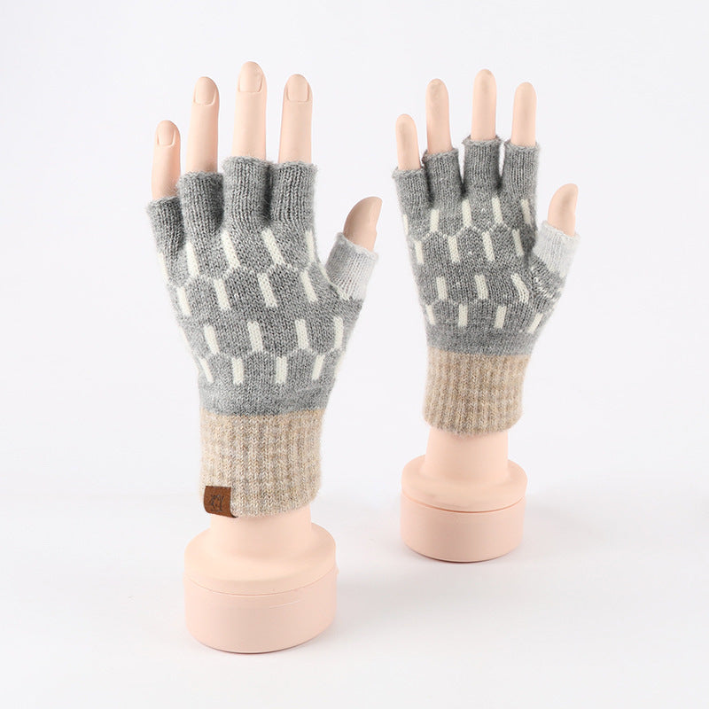 Two Tone Knit Half Finger Gloves - Grey