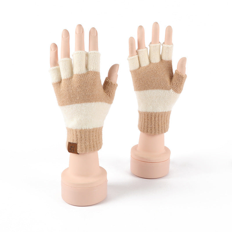 Two Tone Knit Half Finger Gloves - Khaki