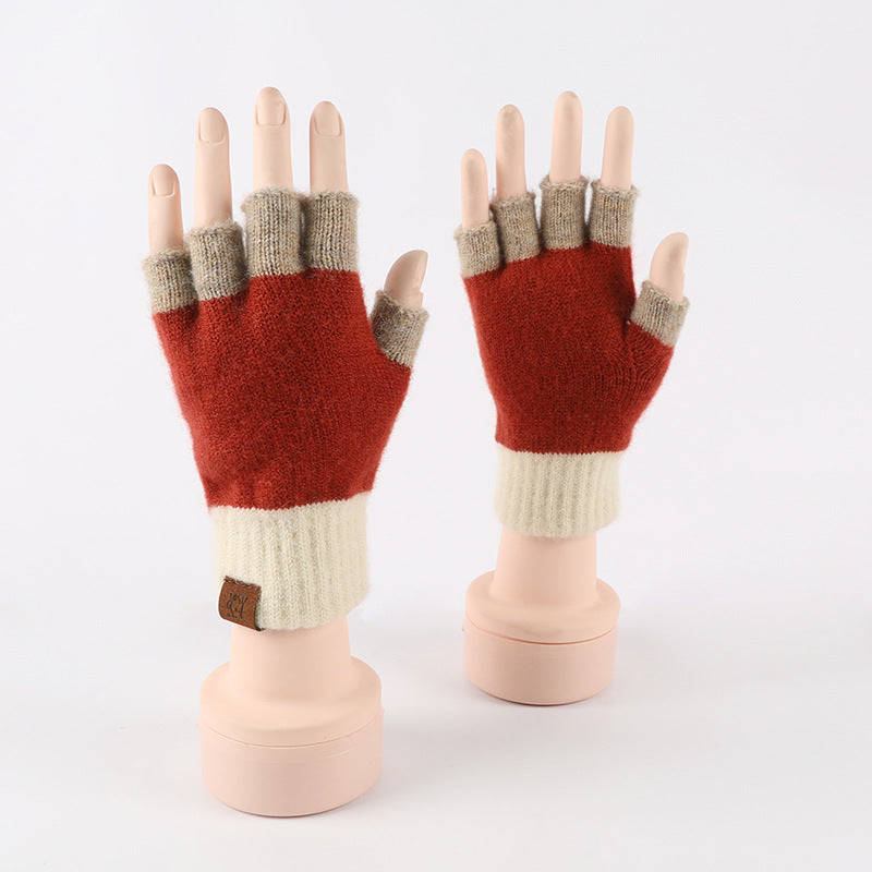 Two Tone Knit Half Finger Gloves - LightCoffee
