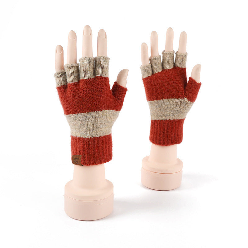 Two Tone Knit Half Finger Gloves - Red