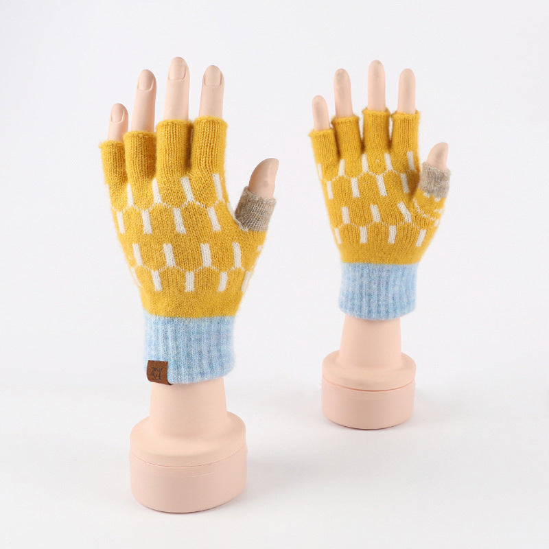 Two Tone Knit Half Finger Gloves - Yellow