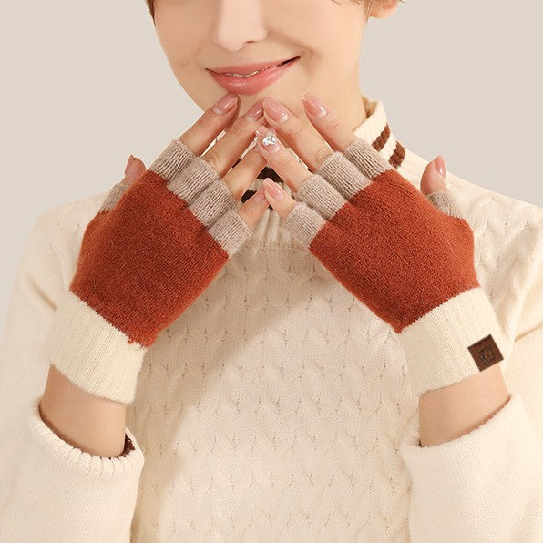 Two Tone Knit Half Finger Gloves - view 1