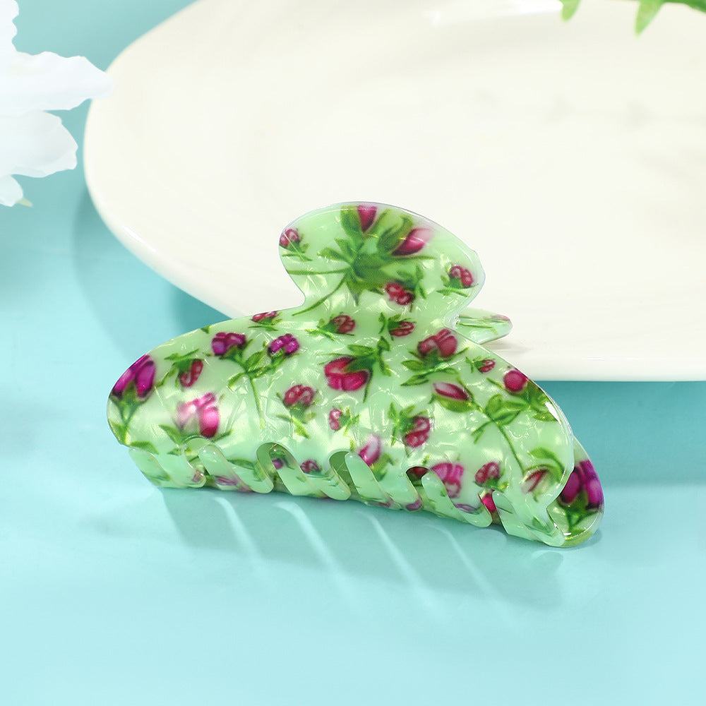 Pressed Floral Print Bow Claw Clip - Green