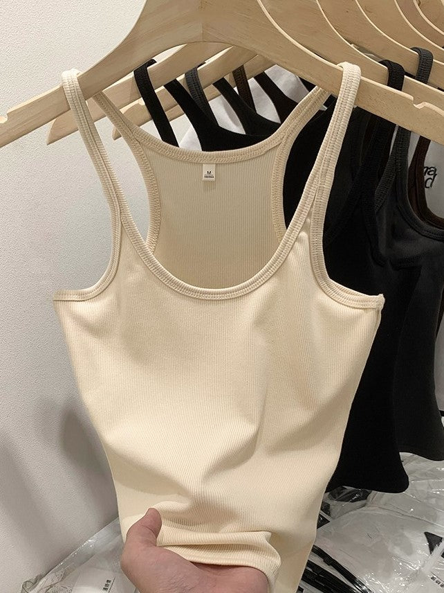 Cotton Rib Scoop Neck Fitted Tank Top - Beige