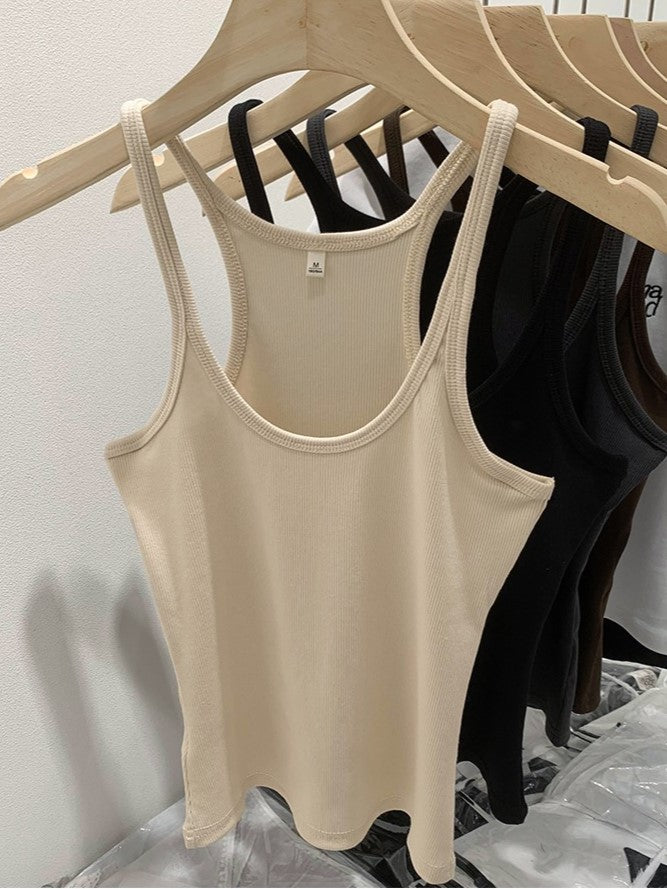 Cotton Rib Scoop Neck Fitted Tank Top - Beige - 1