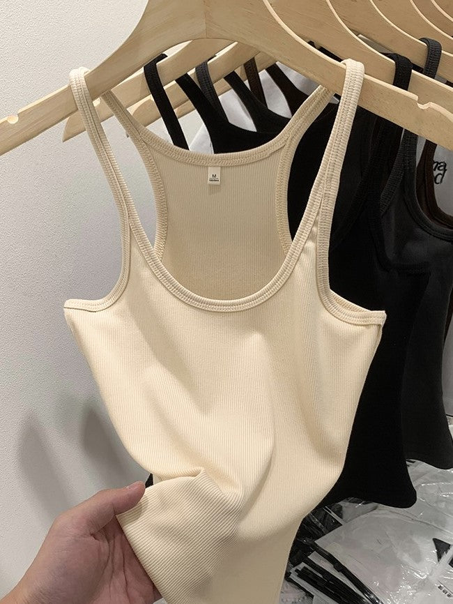Cotton Rib Scoop Neck Fitted Tank Top - Beige - 2